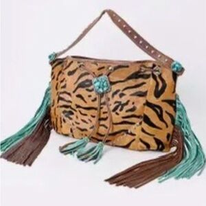 American Darling Tan and Black Animal Print Shoulder Bag with Fringe